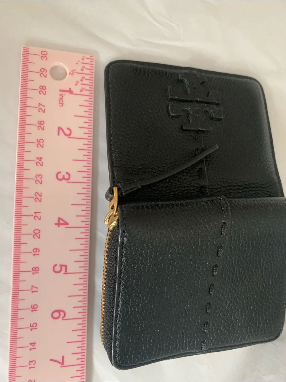 Tory Burch Black Pebbled Leather Zip Card Case with Logo